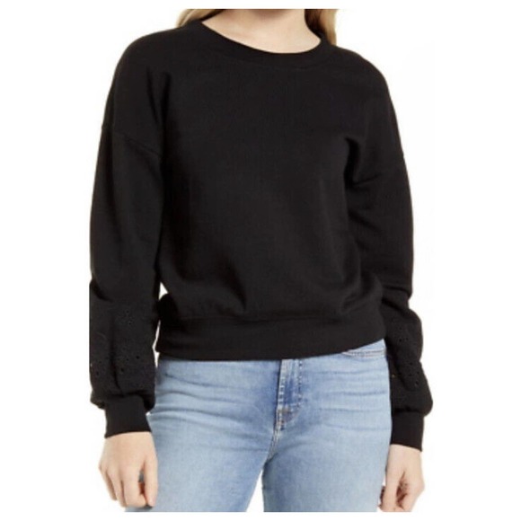 Halogen Tops - NEW HALOGEN Eyelet Sweatshirt PULLOVER CREW TIE KEYHOLE BACK BLACK SIZE XS Ad7